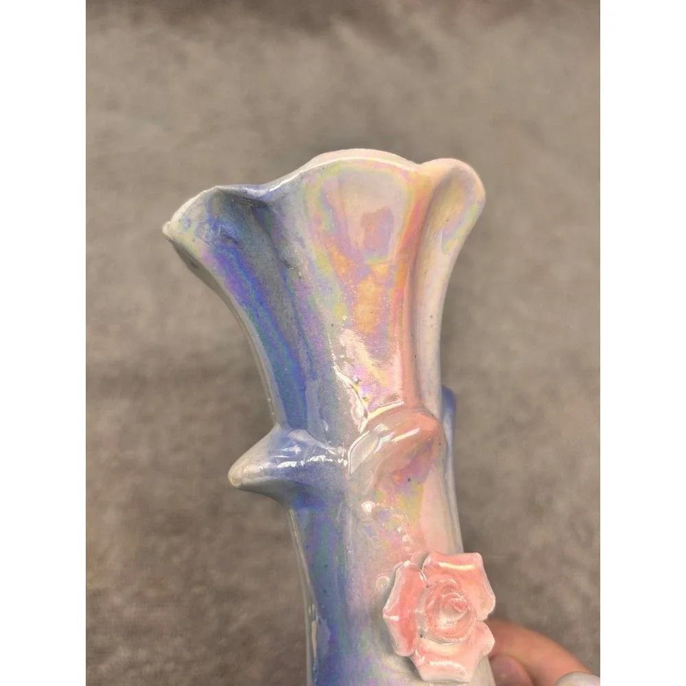 Vintage Iridescent Lusterware Bird Bud Vase Pink Blue Roses Japan 7.5
